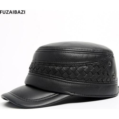 FUZAIBAZI Fashion New Genuine Leather Hat Autumn Winter Mens Cowhide Military Hats With Ears Adjustable Size Male Flat Caps