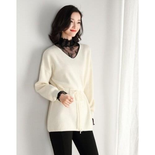 New arrival autumn & spring ladies lace neck fashion solid color casual slim sweater tops pullovers