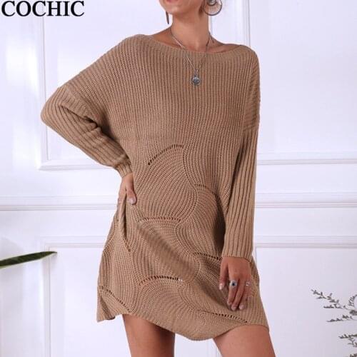 Solid color slash neck hollow out fan-shaped wavy hem sweater dress women spring autumn Loose khaki knit dresses pullovers