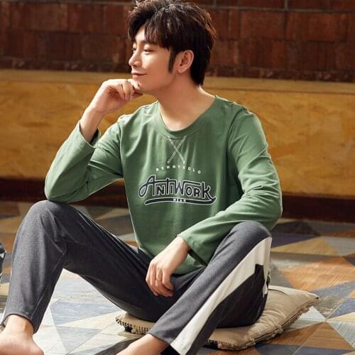 Mens Pajama Sets Autumn Winter Warm Men Sleepwear Long Sleeve Cotton Pajamas for Men Simple Green Letter Elastic Waist Pijamas