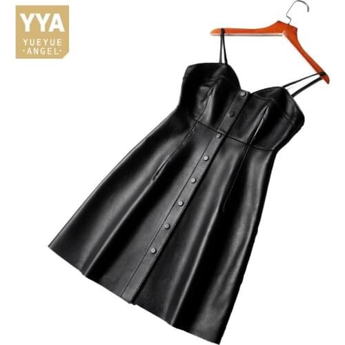 New Women Sexy Strap Dress Single Breasted Low Cut Mini Dresses Ladies Slim Fit Camisole Natural Sheepskin Genuine Leather Dress