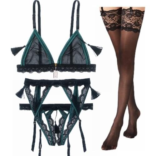 See-through Comfortable Lingerie Sexy Lace Underwear Female Front Button Bra and Sexy Panties and Gater and Stockings