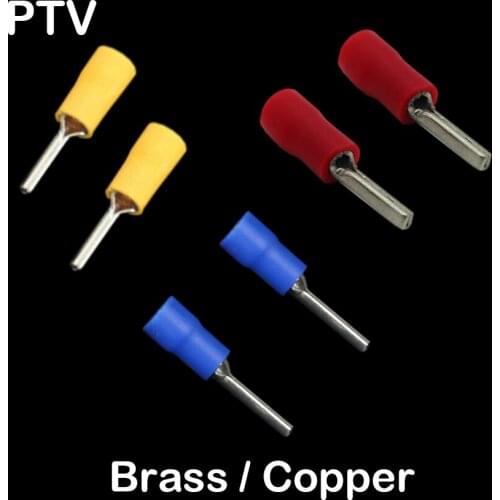 PTV2-9 PTV2-10 PTV2-12 Blue Yellow Red Black Green Brass Copper Pre-Insulate Wire Splice Lug Connector Needle Pin Crimp Terminal