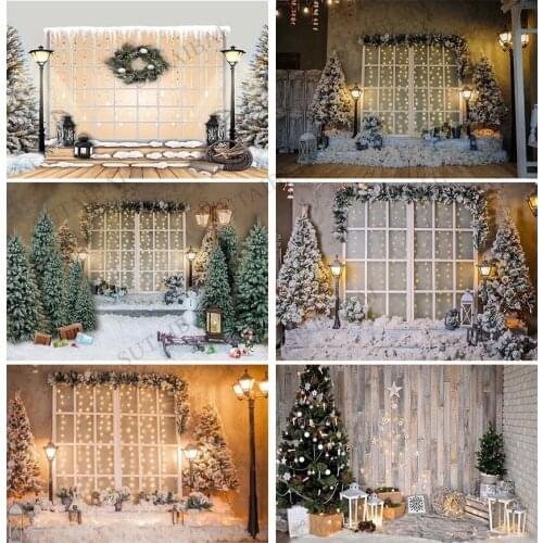 Christmas Backdrop Tree Decorative Fireplace Socks Gift Window White Wall Vintage Wall Photography Background for Photo Studio