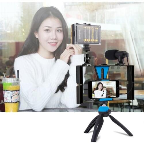 Phone Video Rig+LED Studio Light+Video Microphone+Mini Tripod Mount Kits with Cold Shoe Tripod Head for Vlogging Live Broadcast