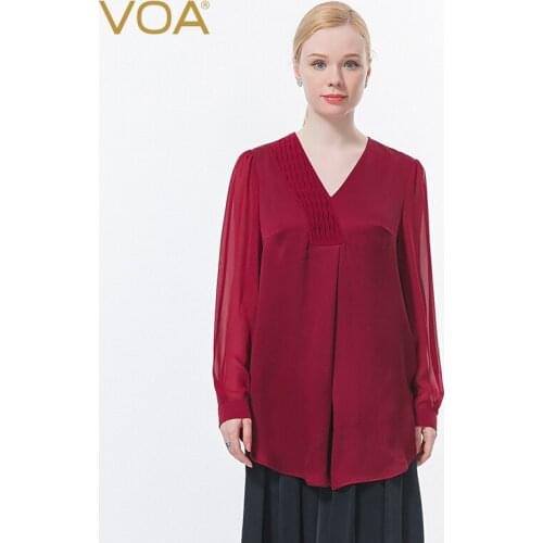 VOA Silk 40m/m Double-sided Satin Red Tops Woman Tees V-neck Asymmetric Perspective Long Sleeve Fold Design T-shirt Female BE671