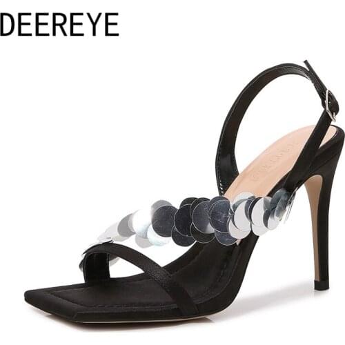 New Bling Sequin Thin High Heels Female Sandals 7.5/10 CM Buckles Square Toe Slingback Dress Prom Sexy Shoes 2021 Fashion Women