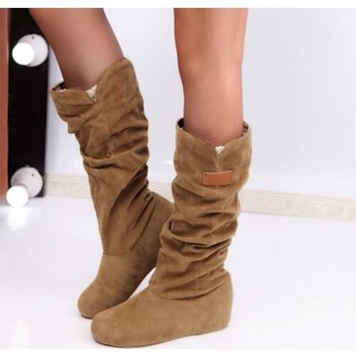 Boots For Women Pleated Womens Mid-calf Boots Female Flock Warm Shoes Ladies Round Toe Flat Woman Casual Footwear Big Size