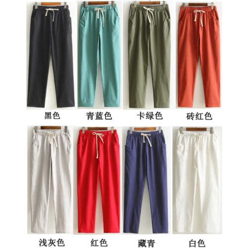 2021 Spring Women Fashion Cotton Linen Candy Color Solid Elastic Waist Harem Pants Loose Casual Trousers