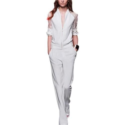Fashion suit female spring New high-end summer casual lace V-neck short jacket + pants temperament two-piece suit women