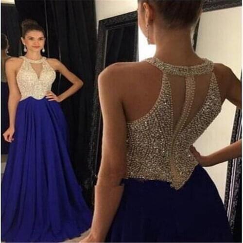 Long prom dress 2016 Elegant Sexy Royer Blue vestidos de formatura vestido de festa Crystal Beads Women prom dresses
