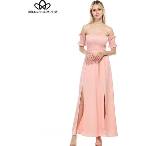 Bella Philosophy summer women sexy pink high waist ankle length dress slash neck strapless a line dress casual beach split dress