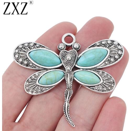 ZXZ 2pcs Tibetan Silver Large Dragonfly Charms Pendants with Faux Turquoise Stones for Necklace Jewelry Making Findings 61x54mm
