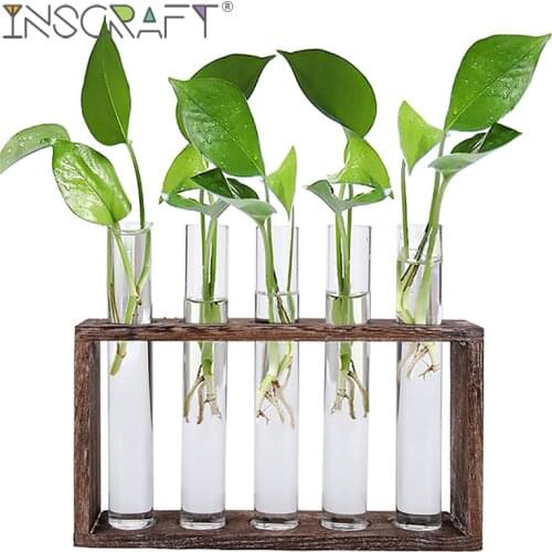 Vintage Wood Stand Rack with Glass Tube Planter Tabletop Flower Vase Terrarium for Propagating Hydroponics Plants Decoration
