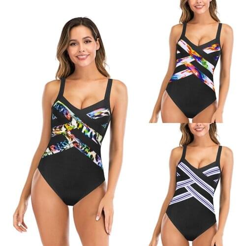 2021 One Piece Plus Size Swimsuit Women Classic Printed Push Up Monokini Swimming Bikinis Sexy V-neck Closed Beach Swimwear
