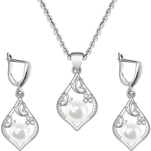 HONONJO 2021 Hot Sale Vintage Imitation Pearl Wedding Jewelry Set Silver Color Necklace Earring Ring Set For Women Gifts