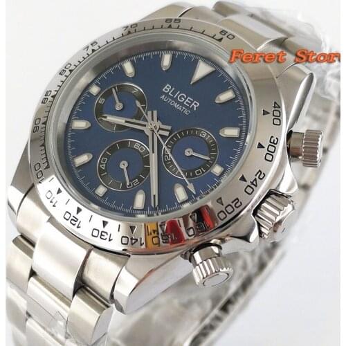 39mm Bliger blue dial sapphire glass Stainless steel strap automatic mens business watch B-1