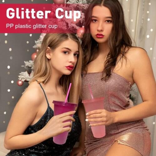 5Pcs 700ml Flash Powder Shiny Reusable Plastic Tumbler With Lid Straw Cup Ice Cold Coffee Juice Tea Cup Travel Mug Drink Bottle