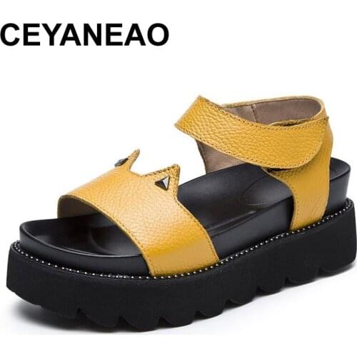 CEYANEAO 2021Summer New women Genuine Leather Gladiator Sandals Platform Sandals Buckle Cute Cat Ears Casual Zapatillas Mujer