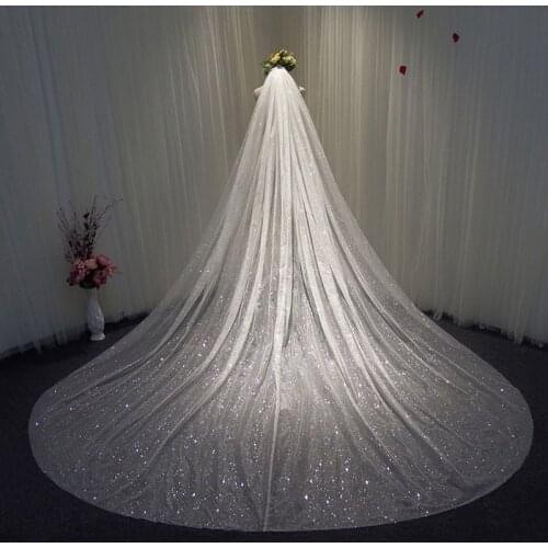 Women Mesh Ultra-Long Trailing Cathedral Wedding Veil Romantic Luxury Shimmer Starry Sky Sequins Hot Stamping Bridal Accessories
