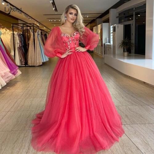 Pretty Red Tulle Long Evening Dresses See Thru Full Sleeves Prom Gowns 3D Flower Beaded Formal Gowns Wedding Party Dress