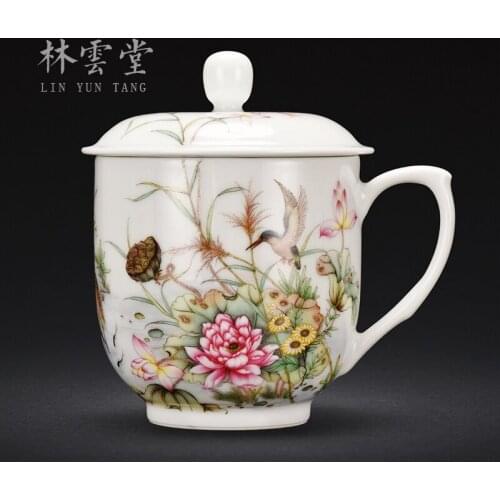 Lin Yuntang hand-painted office cup pastel painting of flowers and tea cups with cover cups office tea cup