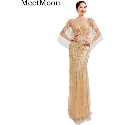 MeetMoon Luxury Gold Beaded Celebrity Dresses Long Formal Evening Dress Dubai Pageant Party Gown Mermaid Shawl Robe De Soire