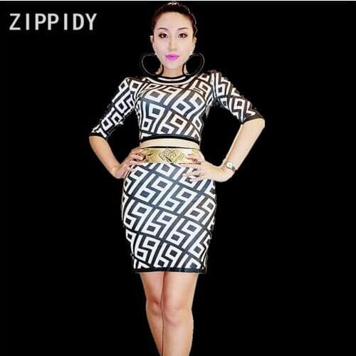 Fashion Black White Printed Stretch T-shirt Skirt Outfit Set Nightclub Women Singer Sexy Dance Set Wear Clothes