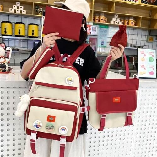 5-piece Fashion Womens Backpack Trend Badge School Bag for Girls Cute Pendant Contrast Color Student Shoulder Travel Backbag