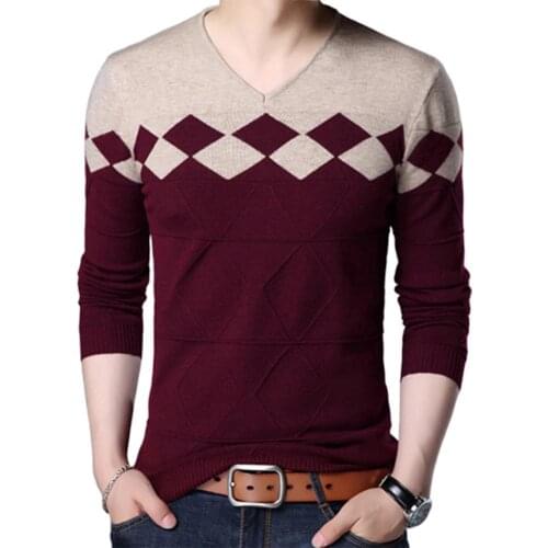 Chic Men Sweater Knitted Pullovers Elegant Slim Pullover Tops V Neck Long Sleeve Color Block Pullover Knitwear Elastic Sweater