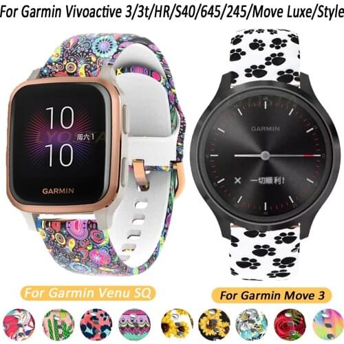 20mm Silicone Sport Strap Flower Printing Band For Garmin Forerunner 645/245/3/3t/S40/HR/Venu SQ/Move 3/Luxe/Style Accessories