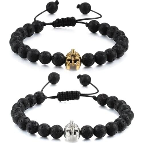 Spartan Warrior Gladiator Helmet Bracelet Natural Black Lava Stone Beaded Bracelets&Bangles Women Men Strand Adjustable Jewelry