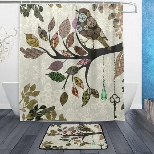 Vintage Floral Bird on Tree Branch Waterproof Polyester Fabric Shower Curtain with Hooks Doormat Bath Floor Mat Bathroom Home