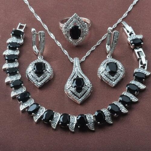 For Women Wedding Jewelry Sets Birthday Gifts Dubai Bracelet Necklace Earrings Rings Set Black Zirconia 2020 New YZ0610