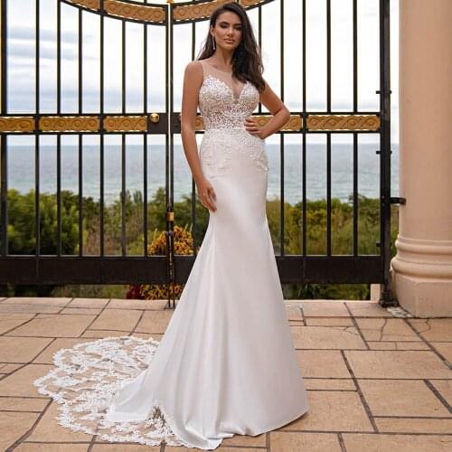 2021 Charming Sleeveless Mermaid Wedding Dress Scoop Neck Appliques Lace Sweep TrainBridal Gowns Robe De Mariée