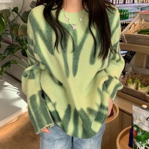 Winter Print Knitted Sweater Women Elegant Green Striped Oversized Pullovers Women Loose Long Sweaters Streetwear Outerwear