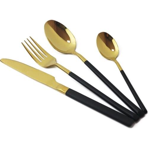 4 Pcs/Lot Luxury Black Gold 18/10 Stainless Steel Dinner Set Black Handle Cutlery Set Knife Spoon Fork Dinnerware Tableware Set