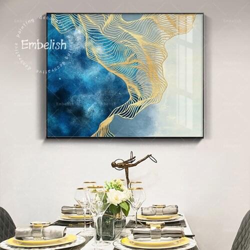 Embelish Abstract Gold And Blue Color Nordic HD Spray On Canvas Paintings For Living Room Artworks Home Decor Wall Pictures