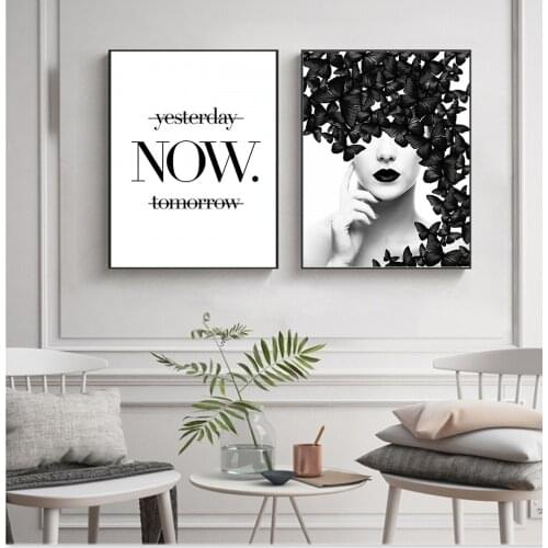 Black and White Butterfly Woman Wall Art Canvas Prints Nordic Quote Posters Modern Paintings Girl Wall Pictures for Living Room