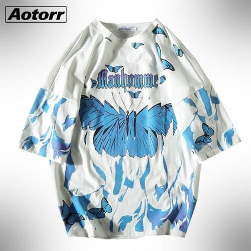 Summer Men Short Sleeve T Shirt Cotton Streetwear Mens Clothing Oversized Blue Butterfly Tshirt Fashion Brand Tees Men 5XL 2021