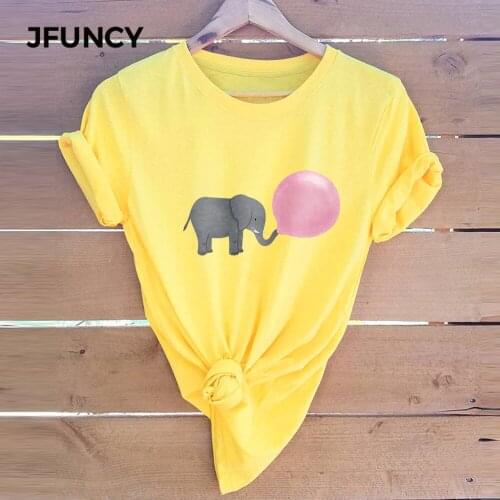 JFUNCY Plus Size Summer Womens T-shirts Cute Elephant Cartoon Print 100% Cotton T Shirt Woman Tshirt Female Loose Tee Tops