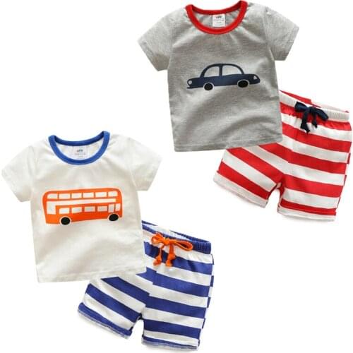 Baby hit color suit 2020 summer new boy kids cartoon short-sleeved shorts two-piece suit
