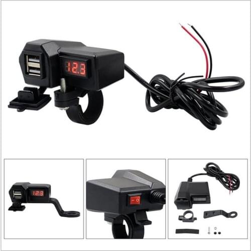 Motorcycle Electric Vehicle Dual USB Mobile Phone Charger 10-24V With Voltmeter Red