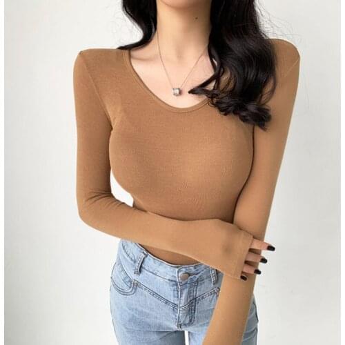 Autumn Long Sleeve Womens Tshirts Slim O Neck Elasticity T Shirt Cotton Korean Fashion Soild Tee Shirt Femme Skinny Ladies Tops