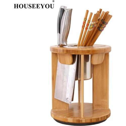 HOUSEEYOU Bamboo Knife Holder Drain Rack Shelf Knives Stand Rack Multifunctional 360 Degree Rotating Kitchen Storage Accessories