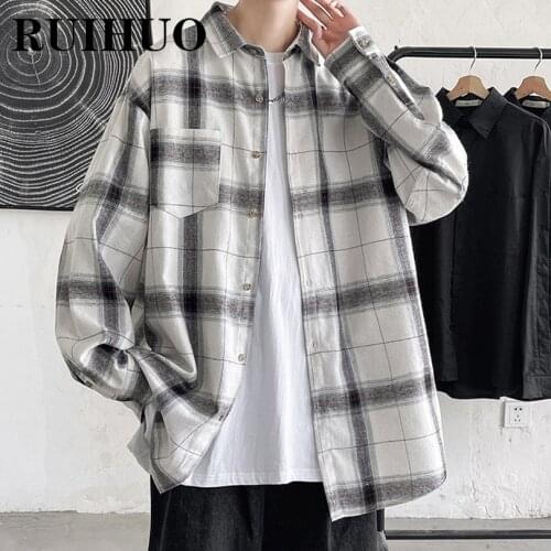 RUIHUO Plaid Vintage Shirt Men Clothing 2021 Fashion Long Sleeve Shirt For Men Fasion 5XL Autumn New Arrivals