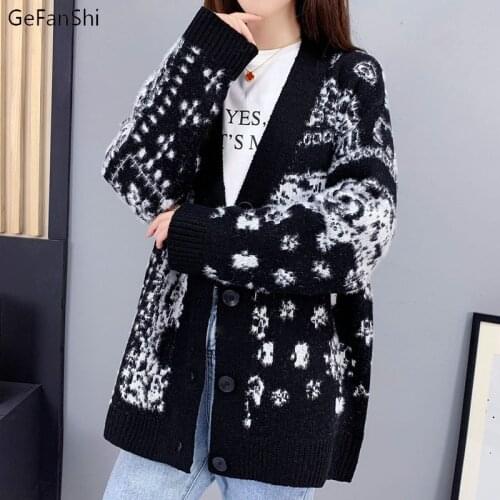 Vintage Longe Sleeve V-Neck Cardigan Print Knitted Sweater Women 2021 Autumn Winter Casual Loose Thick Sweaters Coat & Jackets