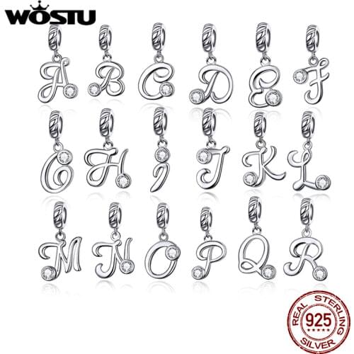 WOSTU NEW 925 Sterling Silver Alphabet Letter DIY Dangle Beads Fit Original Charm Bracelet Necklace For Jewelry Making CQC1183