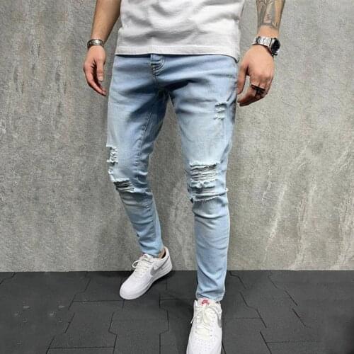 Designer Vintage blue Men Jeans Ripped Destroyed Hole Skinny Slim Motorcycle jeans Denim Trousers Brand Clothing