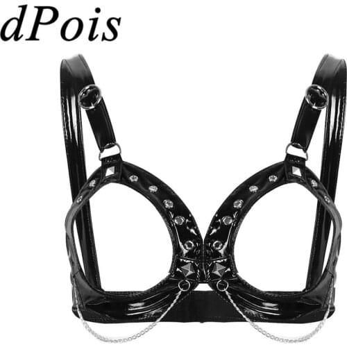 Womens Wet Look Patent Leather Sexy Open Cups Lingerie Adjustable Shoulder Straps Braltte with Metal Chains Wire-free Bra Top